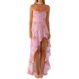 Women Summer Casual Tube Dress Fashion Solid Color/Floral Print High Low Ruffles Long Dresses with Scarf