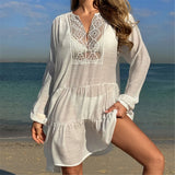 2025 Long Sleeve Hollow Out Crochet Knitted Tunic Beach Cover Up Cover-ups Beach Dress Beach Wear Beachwear Female Women K6674