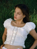 Foridol White Cotton Women Summer Crop Tops Lace Patchwork Short Female Tops Puff Sleeve Square Collar Slim Top Blouse 2025