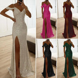 Women Evening Dress Off Shoulder V Neck Side Slit Floor Length Sequin Ball Gown Sleeveless Prom Wedding Party Banquet Maxi Dress