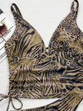 2026 Summer Women Leopard Print Swimsuit Sexy Deep V Neck Drawstring Bathing Suit Swimwear High Waist Push Up Biquini Beachwear