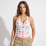 Women Summer Tank Tops Dot Print Tie-Up Halter Neck Casual Vests Backless Fashion Sleeveless Tops Streetwear