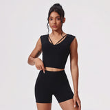 Naked Yoga Sets Women Gym V Neck Slim Sports Vest High Waist Shorts 2 Piece Fitness Suits Outwear Running Workout Tracksuit