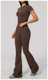 Seamless High Elasticity Yoga Sets Women Short Sleeve O Neck Sports T Shirts Workout Outfits Running Wide Leg Pants Fitness Suit