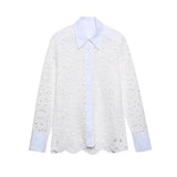 Spring Women Summer White Lace Dress Set Hollow Out Embroidery Shirt Skirt 2 Pcs Robe Outfits Single Breasting Cotton Maxi Dress