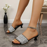 Summer New Rhinestone High Heel Slip-On Slippers Wear Outside Versatile Square Toe Open Toe Stiletto Women's Sandals