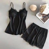 Women's Halter Pajamas 2 PCS Camisole And Shorts Home Wear Red Black Sexy Lace S M Ventilate Comfort