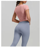 2 Pieces Women Tracksuit Yoga Set Spring Summer Short Sleeve Hollow Out Slim Sports Top High Waist Leggings Running Fitness Suit