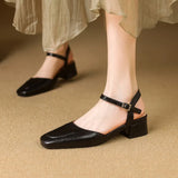 Plus Size 34-41 Women's Sheepskin Narrow Band T-strap Square Toe Summer Sandals 3.5cm Thick Low Heel Elegant Ladies Dress Shoes