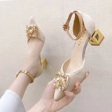 ZOKI Fashion Pearl Buckle Square Heels Pumps Women Pointed Toe Bling Crystal Party Shoes Woman Elegant Med Heels Bride Shoes