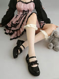 2026 Plus size 47 Sweet Blue Lace Ruffles Mary Janes Shoes Women Gothic Black Bow Knot Cute Lolita Cosplay Flats Casual Shoes