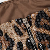 Sexy Chic Leopard Printed Corset Tops Women's Fashion Skinny Zip-up Sequins Crop Tops Strapless Night Club Outfit Streetwear