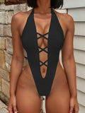 Sexy Solid Cross Backless Swimsuit One Piece Bikini Thong Swimwear Bodysuits Women Biquini Bathing Suits Black and White 2 Color