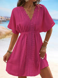 V Neck Lace Short Sleeve Tunic Beach Cover Up Cover-ups Beach Dress Beach Wear Beachwear Female Outfits Bathing kaftan for Women