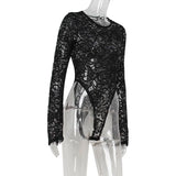 Ahagaga Floral Lace Women's Bodysuits Sexy Solid See Through Tees O-Neck Long Trumpet Sleeve Slim Fit Streetwear Rompers T Shirs