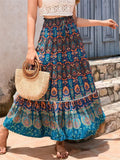Women's Loose Long Skirt Bohemian Print Elastic Waist Ruffle Flowy Pleated Skirts Summer Beach Party Streetwear
