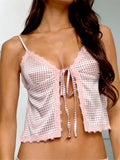 Women's Tie-ups Front Lace Trim Tank Top Spaghetti Strap Dot Print Camisole Summer Sexy Backless Vest