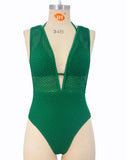 S - XL Deep V Neck Knit Fishnet Mesh One Piece Swimsuit Women Swimwear Female Backless Monokini High Leg Cut Bathing Suit Swim
