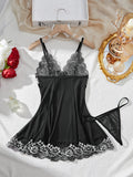 Contrast Black Sexy Lingerie Women Underwear Transparent Sleepwear Lace Nightdress And Thongs Pijamas Sets Female Sexy Nighty