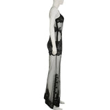 FDYOUI Sexy Lace Patchwork Mesh Long Dress Women Spaghetti Strap See-through Evening Party Dresses White Black Night Club Outfit