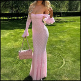 Elegant French Style Pink Long Dress Women Lace Long Sleeved Dress Evening Gown Party Wedding Dress up Lady Spring Summer Outfit