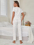 Autumn Winter Comfortable Pajamas Set with Love Heart Printed for Women Sleepwear Short Sleeve Top and Pants Homewear