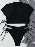 High Neck Bikini 2026 Women Swimsuit Solid Drawstring Swimwear Female Beachwear Bathers Bathing Swimming Suit Summer
