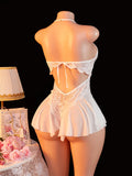 Adult Erotic Bodysuit Lace Hanging Collar Deep V-neck Semi Transparent Women Sexy Lingerie Crotchless Hot Underwear