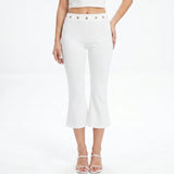 Womens Summer Cropped Pants Mid Rise Flare Trousers Stylish Casual Leg Pants with Silver Eyelet Capris