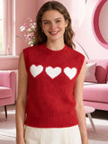 Women 2026 Sleeveless Crew Neck Pullover Fashion Daily Wear Top Cute Heart Print Pink Knitted Vest