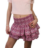 Women Vintage Mini Skirt Elegant High Waist Pleated Printed Ruffled Layered Skirt Summer A-line Skirt Streetwear