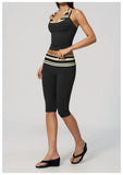 New Fake Two-piece Yoga Sets Women Striped Shock-absorbing Slim Sports Tank Top Fitness Suit Gym High Waist Mid Pants Tracksuit