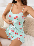 Women Summer Pajama Set Soft Casual Cherry Print Strap Cami Top and Ruffle Shorts Set Homewear Loungewear Clothes