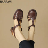 Women's Roman Gladiator Sandals Summer New Khaki Brown Hollow Out T-Strap High Heels Korean Top Quality Mary Jances Sandals