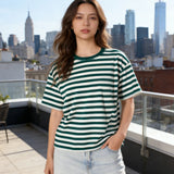 Striped Print Summer T-shirt for Women Loose Casual Contrast Short Sleeve Round Neck Basic Tops