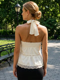 Women Solid Color Halter Top Sleeveless Tops Backless Lace Patchwork Summer Vest for Club Party