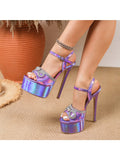 Elegant Purple Bow Design 16cm Sexy Model Ultra-high Heels Fashion Open Toe Sandals Women's Gladiator Night Club Dance Shoes 42