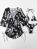 3 Pieces Bikini Tropical Print Swimsuit Halter Drawstring Side Swimwear Women 2026 Bathing Suit Female Swimming Summer Beachwear