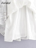 Foridol Waist Hollow Out V Neck Backless White Lace Party Dress Christmas Vestido Robe Ruffled Cotton Long Sleeve Autumn Dress