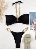 New Halter Ribbed Brazilian Bikini Female Swimsuit Women Swimwear Two pieces Bikini set Metal Chains Bather Bathing Suit Swim