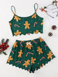 Soft Festival Christmas Cute Gingerbread Print Pajama Set Women's Sleepwear 2 Pieces Crop Tops and Shorts Loungewear