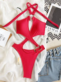Halter Tummy Cut Out Backless Monokini Women Thong Swimwear One Piece Swimsuit Female High Leg Cut Bathing Suit Swim Bodysuit