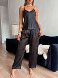 Summer Stain Ice Silk V Neck 2 Pieces Pajamas Set Women's Halter Tops and Long Pants Sets Comfortable Homewear Loungewear