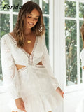 Foridol Waist Hollow Out V Neck Backless White Lace Party Dress Christmas Vestido Robe Ruffled Cotton Long Sleeve Autumn Dress