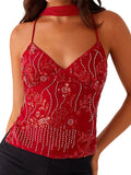 Women Camisoles Sequins Beaded Flower Embroidery V-Neck Casual Camis Tops Summer Fashion Sleeveless Crop Tops with Choker Scarf