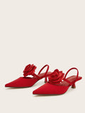 2025 Large Size 43 Summer Women's Pointy Toe Kitten Heels Slingback Pumps Elegant Satin Sandal Rose Flower Office Lady Shoes