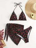 With Mesh Skirt Cherry Printed Bikini Female Swimsuit Women Swimwear Three Pieces Bikini Set Halter Bathing Suit Swim Beachwear