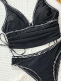 Sexy Balck Contrast Bikini Set 2026 Women V Neck Drawstring Side Top High Waist Swimsuit Summer Bathing Suit Two Piece Swimwear