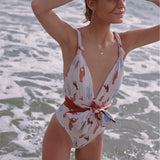 2026 New Sexy One Piece Swimsuit Swimwear Women Deep V-neck Backless Hands Print Large Bowknot High Waist Beachwear Bathing Suit