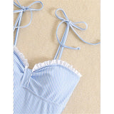 S - XL New Sexy Striped Frilled Strappy Women Swimwear One Piece Swimsuit Female Monokini Padded Bather Bathing Suit Swim V6949